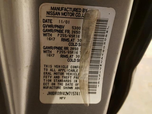 JN8DR09Y42W715741 - 2002 NISSAN PATHFINDER SILVER photo 10