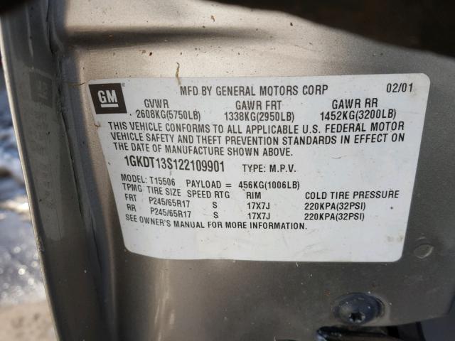 1GKDT13S122109901 - 2002 GMC ENVOY GRAY photo 10