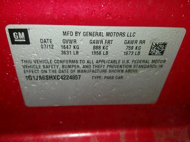 1G1JA6SHXC4224857 - 2012 CHEVROLET SONIC LS წითელი ფოტო 10