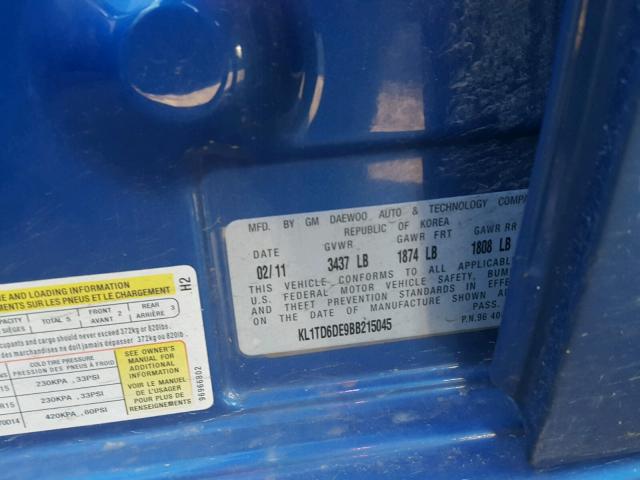 KL1TD6DE9BB215045 - 2011 CHEVROLET AVEO LS BLUE photo 10