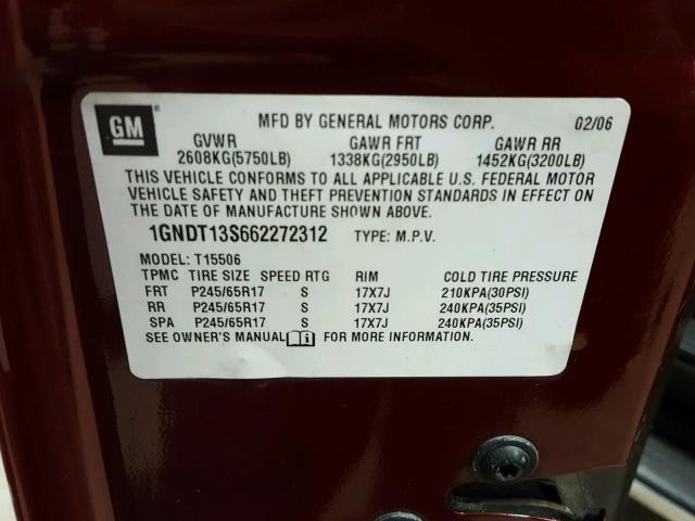 1GNDT13S662272312 - 2006 CHEVROLET TRAILBLAZE MAROON photo 10