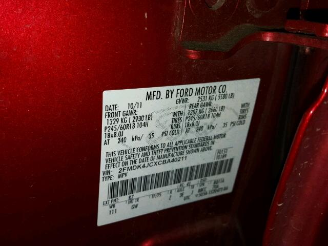 2FMDK4JCXCBA40211 - 2012 FORD EDGE SEL RED photo 10