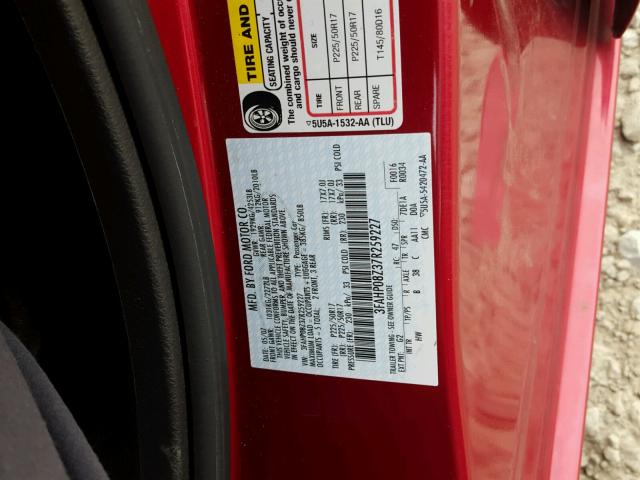 3FAHP08Z37R259227 - 2007 FORD FUSION SEL RED photo 10