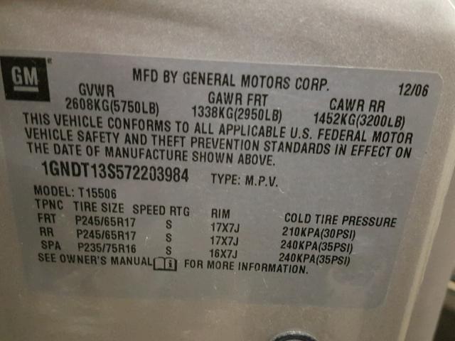 1GNDT13S572203984 - 2007 CHEVROLET TRAILBLAZE SILVER photo 10