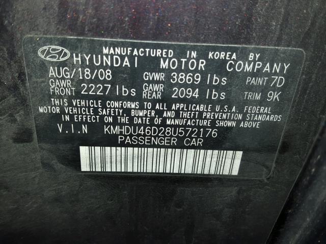 KMHDU46D28U572176 - 2008 HYUNDAI ELANTRA GL PURPLE photo 10