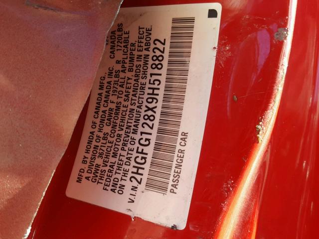 2HGFG128X9H518822 - 2009 HONDA CIVIC EX RED photo 10