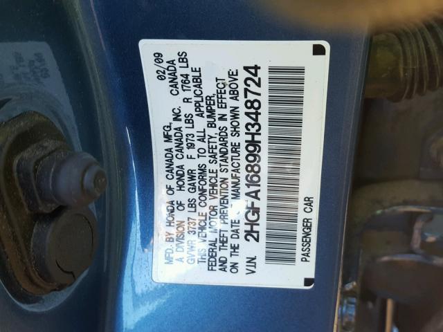 2HGFA16899H348724 - 2009 HONDA CIVIC EX BLUE photo 10