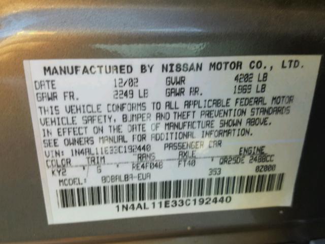 1N4AL11E33C192440 - 2003 NISSAN ALTIMA BAS GRAY photo 10