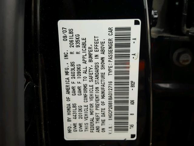 1HGCP26818A012716 - 2008 HONDA ACCORD EXL BLACK photo 10