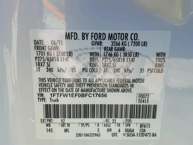 1FTFW1EF0BFC17656 - 2011 FORD F150 SUPER WHITE photo 10