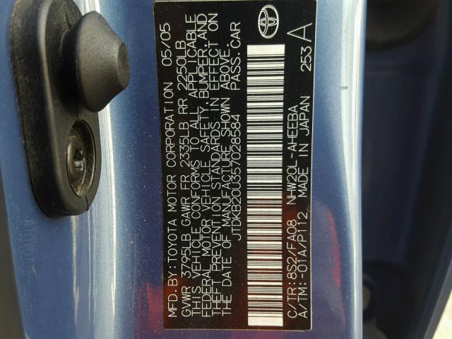 JTDKB20U357028584 - 2005 TOYOTA PRIUS BLUE photo 10