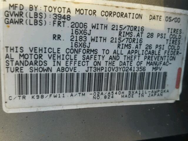 JT3HP10V3Y0241356 - 2000 TOYOTA RAV4 SILVER photo 10