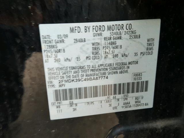 2FMDK39C49BA87774 - 2009 FORD EDGE LIMIT BLACK photo 10