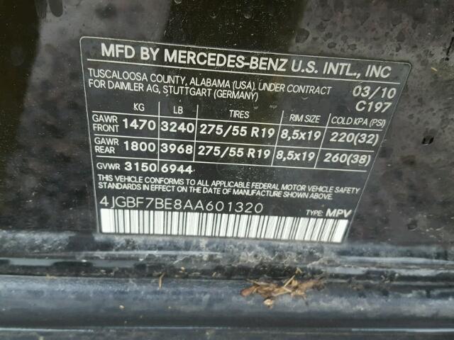 4JGBF7BE8AA601320 - 2010 MERCEDES-BENZ GL 450 4MA BLACK photo 10