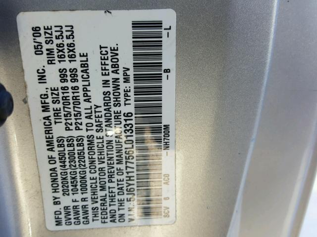 5J6YH17756L013316 - 2006 HONDA ELEMENT EX SILVER photo 10