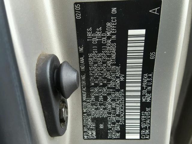 5TDZA23C25S297914 - 2005 TOYOTA SIENNA CE SILVER photo 10