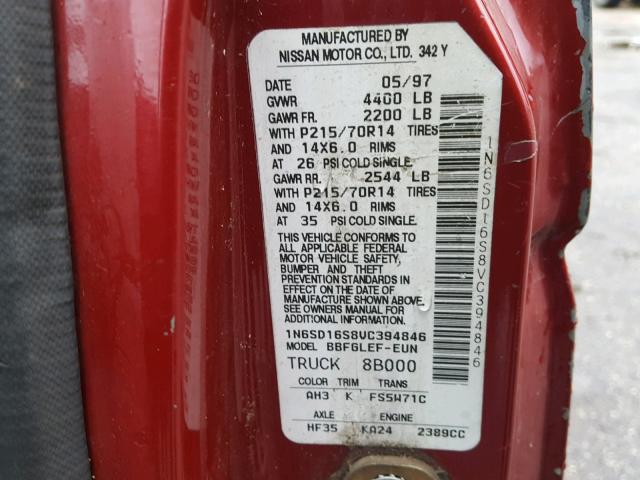 1N6SD16S8VC394846 - 1997 NISSAN TRUCK KING RED photo 10