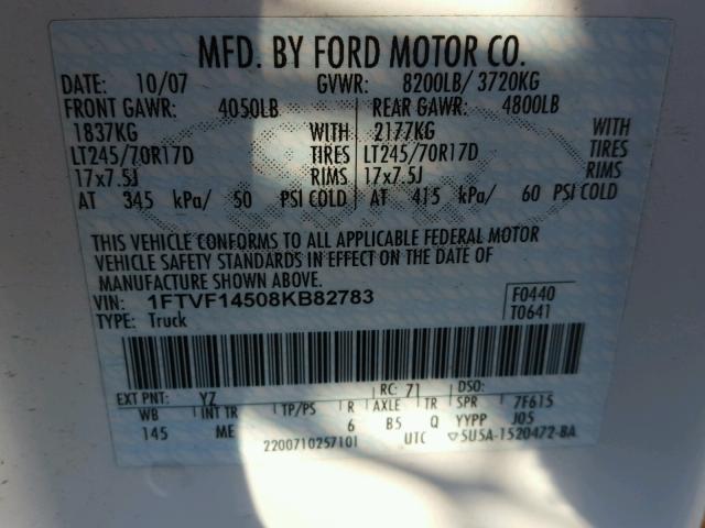 1FTVF14508KB82783 - 2008 FORD F150 WHITE photo 10