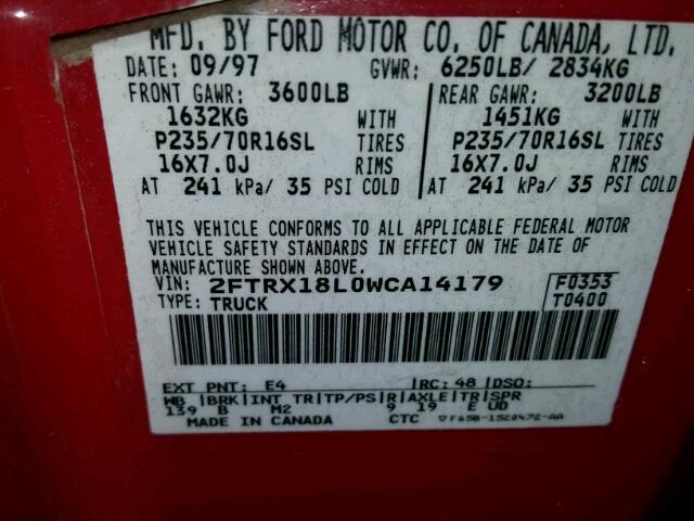 2FTRX18L0WCA14179 - 1998 FORD F150 RED photo 10