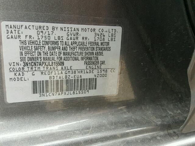 3N1CN7APXJL815509 - 2018 NISSAN VERSA S GRAY photo 10