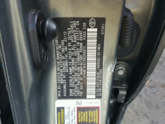 4T4BF1FK7CR200975 - 2012 TOYOTA CAMRY BASE CHARCOAL photo 10