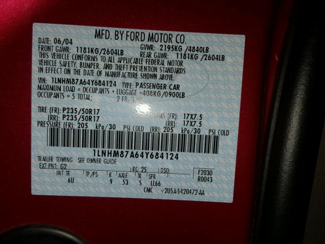 1LNHM87A64Y684124 - 2004 LINCOLN LS 红色 照片 10