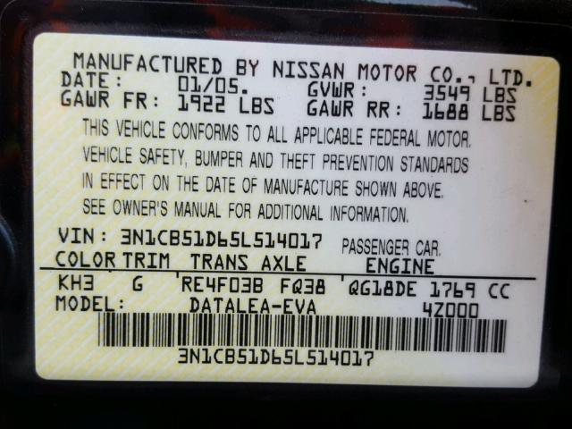 3N1CB51D65L514017 - 2005 NISSAN SENTRA 1.8 BLACK photo 10