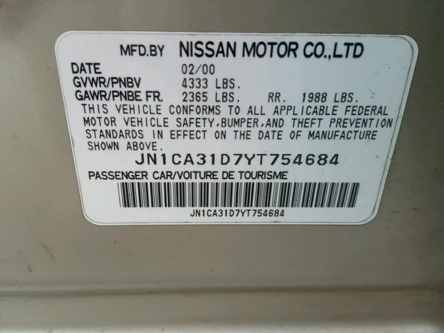 JN1CA31D7YT754684 - 2000 NISSAN MAXIMA GLE GOLD photo 10