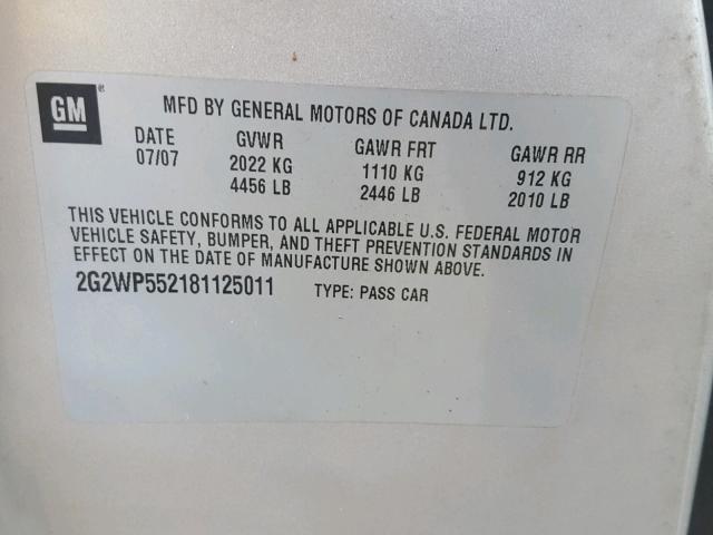 2G2WP552181125011 - 2008 PONTIAC GRAND PRIX SILVER photo 10