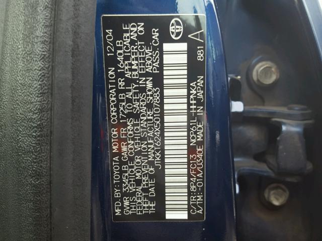 JTKKT624X50107883 - 2005 TOYOTA SCION XA BLUE photo 10