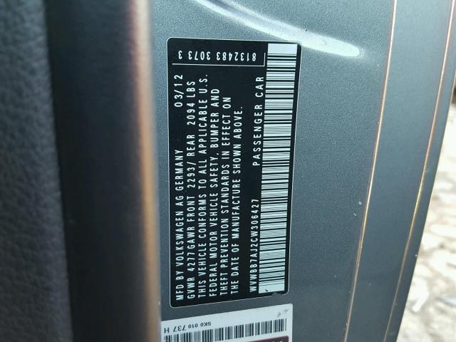 WVWBB7AJ2CW306427 - 2012 VOLKSWAGEN GOLF 灰色 照片 10