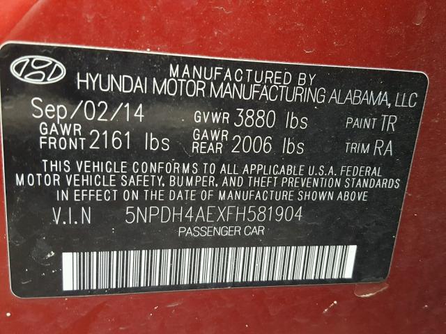 5NPDH4AEXFH581904 - 2015 HYUNDAI ELANTRA SE BURGUNDY photo 10