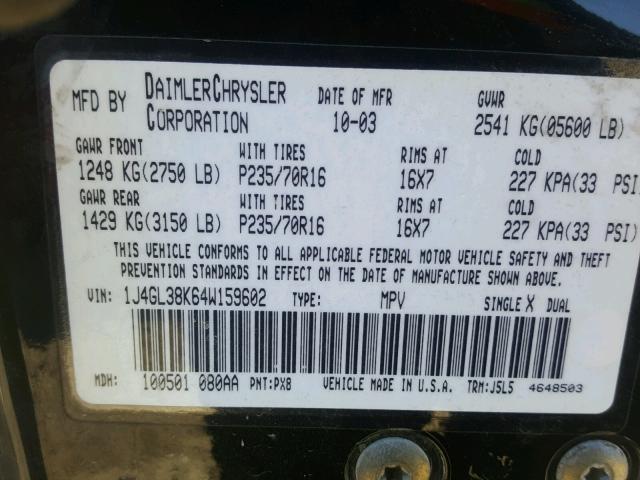 1J4GL38K64W159602 - 2004 JEEP LIBERTY RE BLACK photo 10