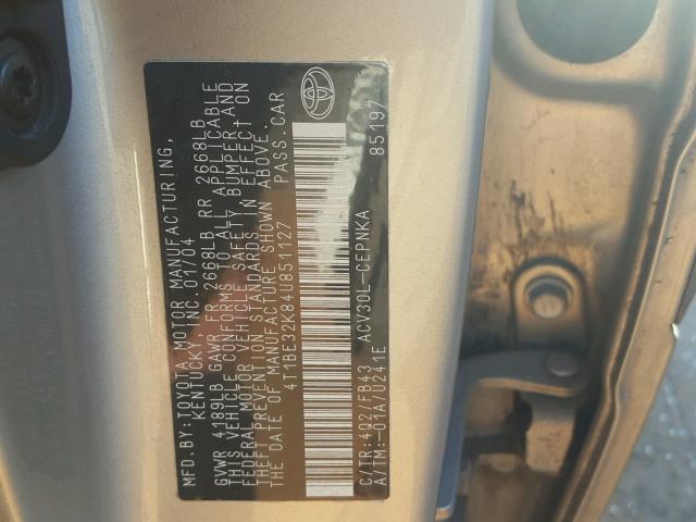 4T1BE32K84U851127 - 2004 TOYOTA CAMRY LE TAN photo 10