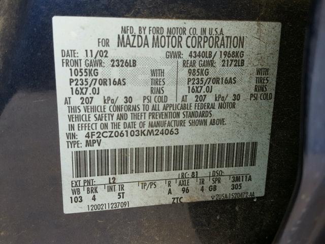 4F2CZ06103KM24063 - 2003 MAZDA TRIBUTE ES BLUE photo 10