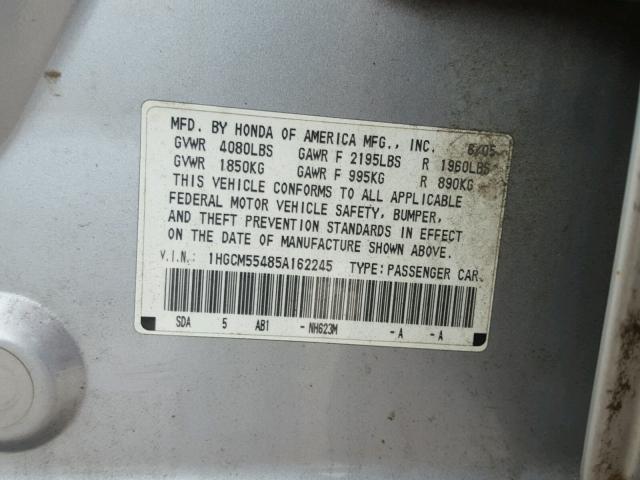 1HGCM55485A162245 - 2005 HONDA ACCORD LX SILVER photo 10