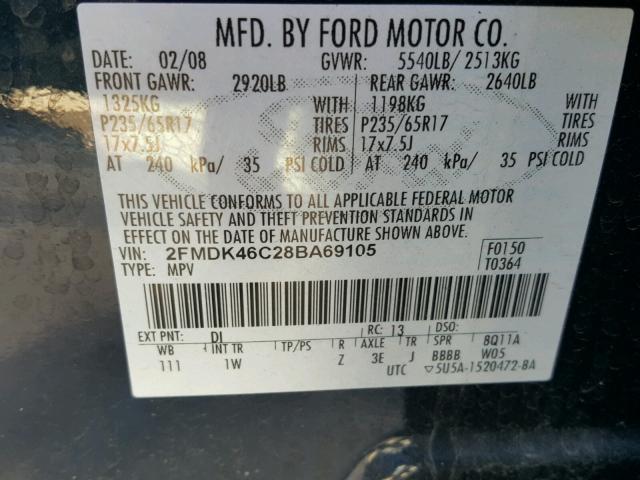 2FMDK46C28BA69105 - 2008 FORD EDGE SE BLACK photo 10