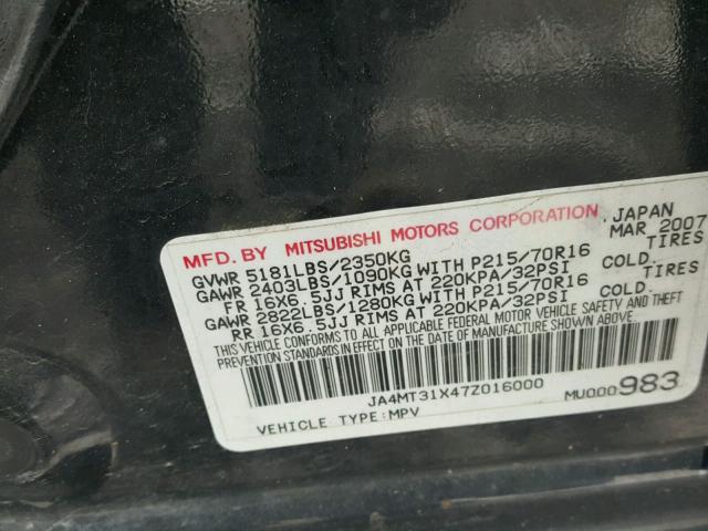 JA4MT31X47Z016000 - 2007 MITSUBISHI OUTLANDER BLACK photo 10