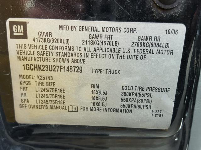 1GCHK23U27F148729 - 2007 CHEVROLET SILVERADO BLACK photo 10