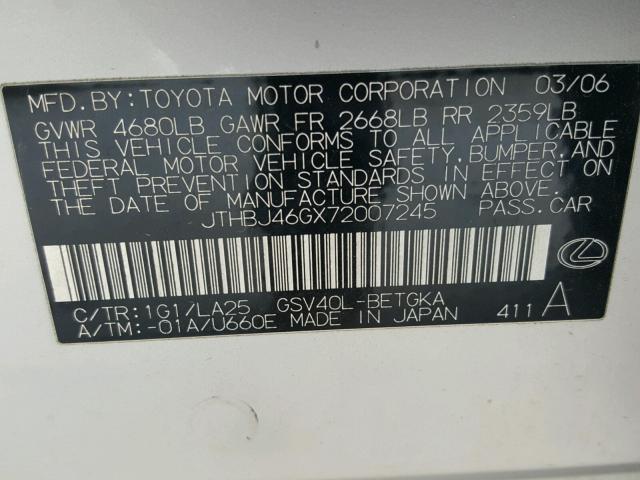 JTHBJ46GX72007245 - 2007 LEXUS ES 350 SILVER photo 10