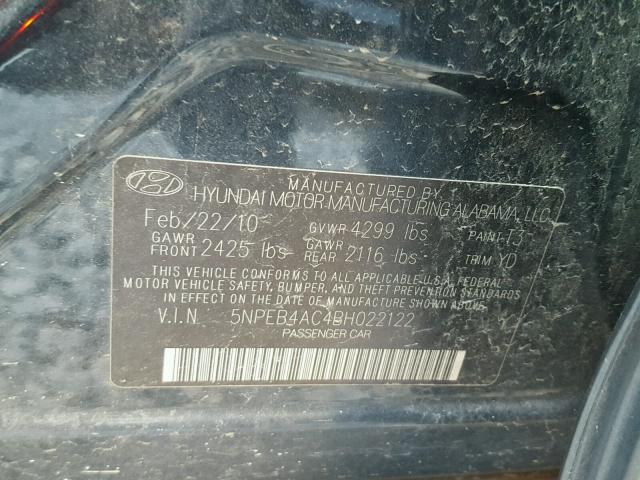 5NPEB4AC4BH022122 - 2011 HYUNDAI SONATA GLS BLACK photo 10