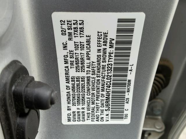 5J6RM4H74CL021323 - 2012 HONDA CR-V EXL SILVER photo 10