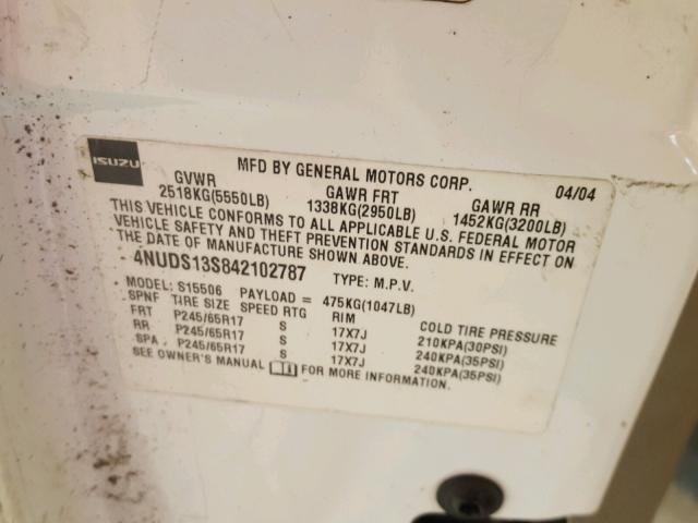 4NUDS13S842102787 - 2004 ISUZU ASCENDER S 白色 照片 10