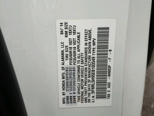 5FNRL5H95EB103549 - 2014 HONDA ODYSSEY TO WHITE photo 10