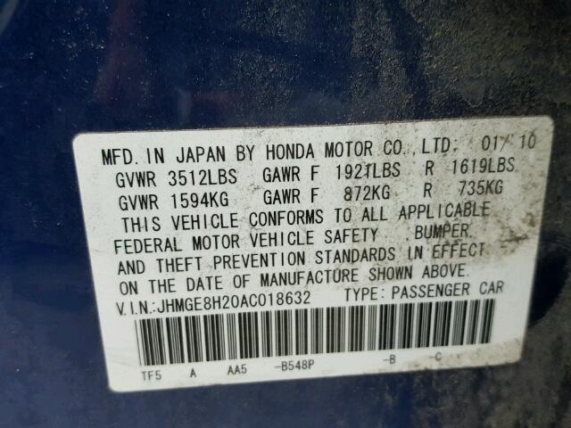 JHMGE8H20AC018632 - 2010 HONDA FIT BLUE photo 10