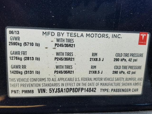 5YJSA1DP8DFP14842 - 2013 TESLA MODEL S Blau Foto 10
