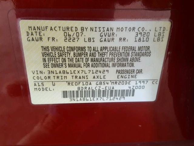 3N1AB61EX7L712429 - 2007 NISSAN SENTRA 2.0 RED photo 10