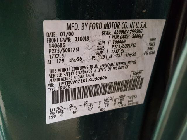 1FTRW07L01KD50806 - 2001 FORD F150 SUPER GREEN photo 10