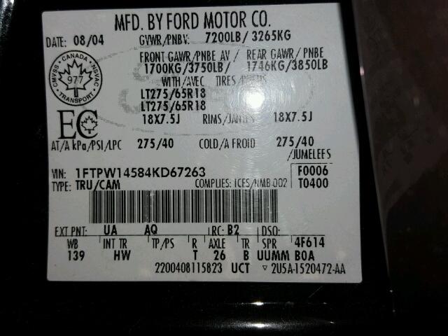 1FTPW14584KD67263 - 2004 FORD F150 SUPER BLACK photo 10