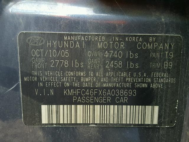 KMHFC46FX6A038693 - 2006 HYUNDAI AZERA SE BLUE photo 10